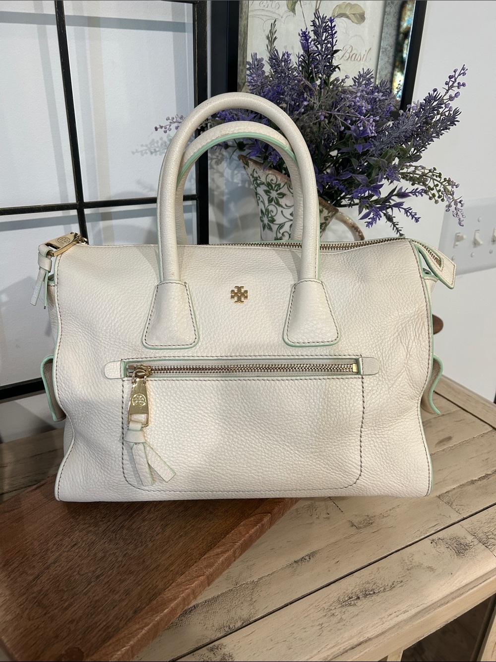 Tory Burch Cream Leather Satchel with Mint Trim